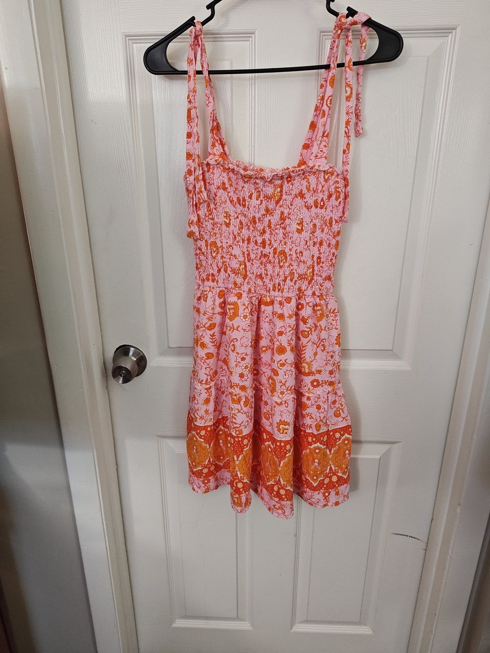 Sleeveless Pink & Orange Floral Midi Dress with Tie Straps